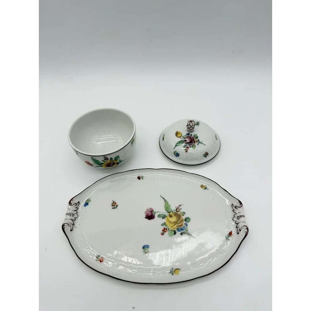 Antique Nymphenburg Porcelain Floral Sugar Bowl & Tray Basket Weave Set 2 PCs